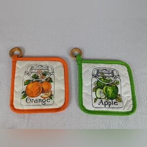 Vintage Green Apple Orange Pot Holder Square Wood Cottagecore HBI 1977